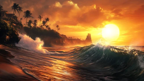 Radiant tropical shoreline captures dynamic waves at sunset