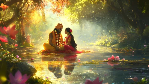 Two Hearts Ignite Where Golden Light Meets River's Heart.