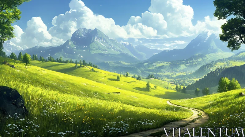 Sunlit alpine valley with winding path and distant peaks.