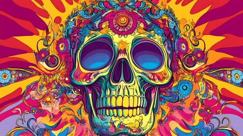 Psychedelic skull illustration integrates floral vectors and neon gradients