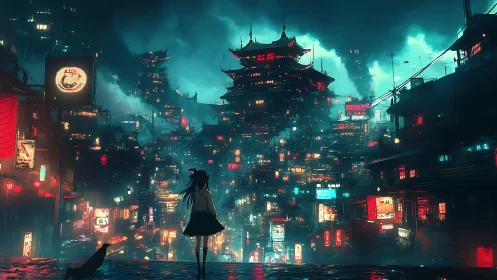 Neon cyberpunk skyline surrounds solitary girl at dusk.