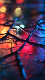 Neon bokeh on fractured glass with shallow depth of field.