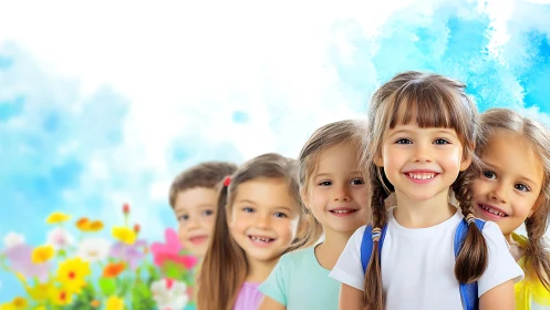 Five Young Children Smiling Outdoors Against Blue Sky Background.