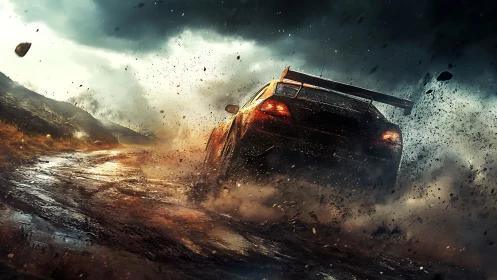 Rally car powerslides through stormy mud track at speed.
