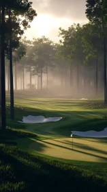 Sunlit forest golf fairway with mist and rolling greens.
