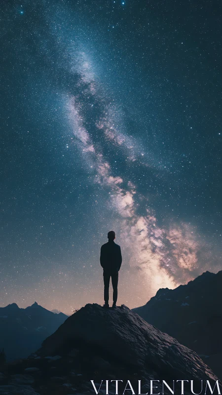 Silhouette on mountain summit under dense Milky Way sky.