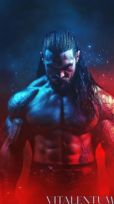 Muscular male figure under dual blue and red lighting.