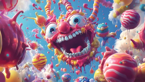 Hyper-saturated candy monster explodes in floating glossy orbs