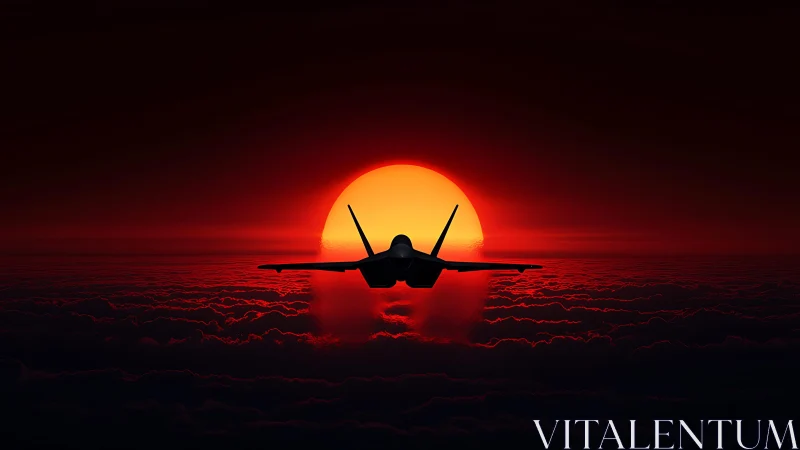 Stealth jet silhouette over red cloud deck at solar horizon