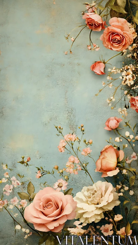 Soft garden roses glow gently against a dreamy blue sky