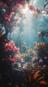 Enchanted forest glows under ethereal shafts of sunlight.