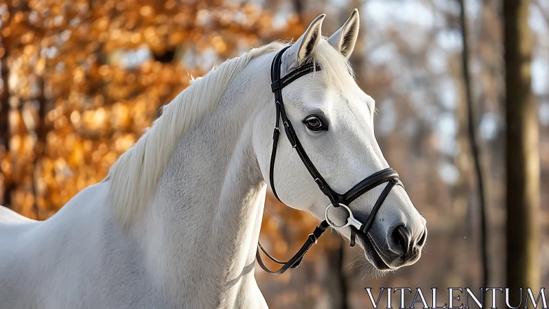 White horse in bridle against autumn woodland background.