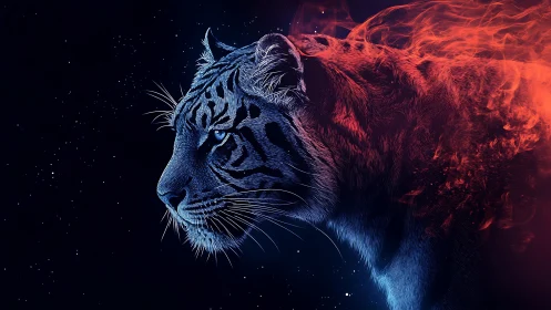 Starlit fire tiger drifting between ember and shadow.