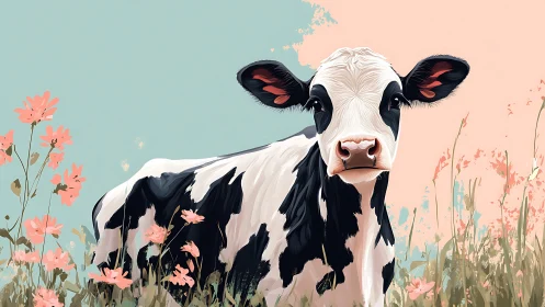 Pastel meadow cow gazes through wildflowers in daydream hush.