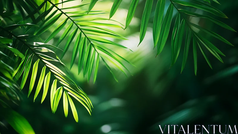 Sunlit palm leaves sway gently in a soft green jungle glow
