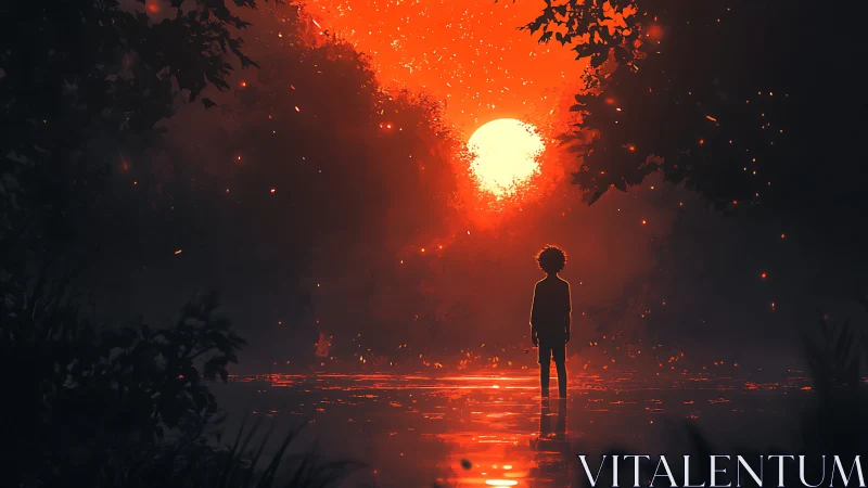 Silhouetted child in fiery red sunset forest scene.