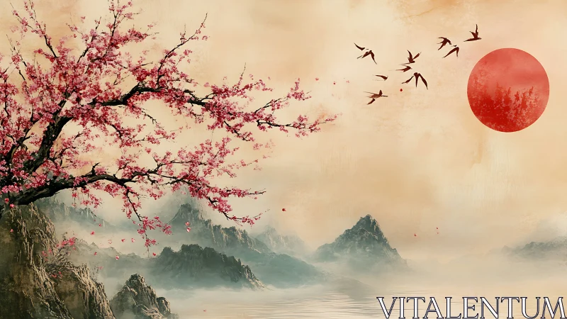 Serene cherry blossoms over misty peaks at crimson sunrise.