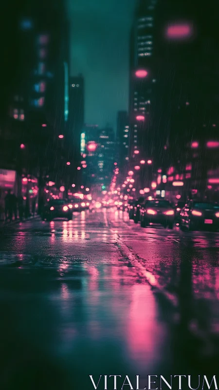 Rainy urban street with neon pink reflections at night.