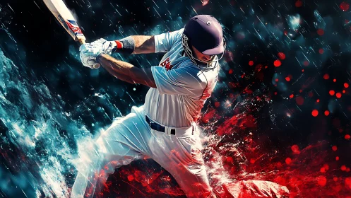 Cricket batter swings through splashing red and blue energy.
