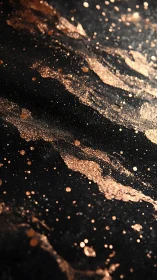Metallic copper pigment splatter over black textured surface forms dynamic waves