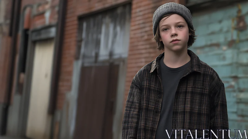 Urban depth-of-field portrait of youth in industrial alleyway.