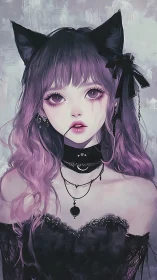 Gothic catgirl portrait in violet pastel fantasy tones.