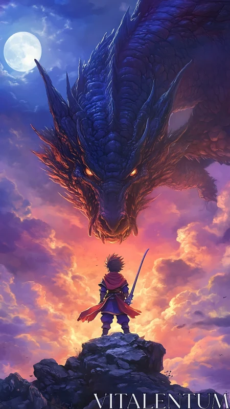 Young sword fighter confronts massive dragon at sunset