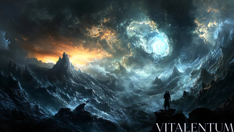 Wanderer faces storm-torn cosmic sea under colliding skies.