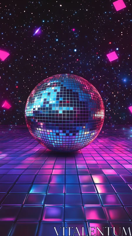 Reflective disco sphere in neon-tiled space with volumetric lighting