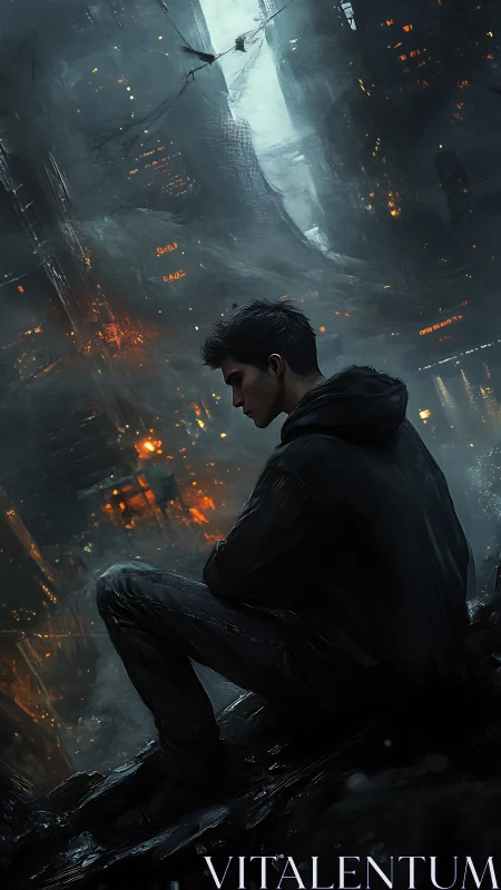Quiet thinker resting above a moody futuristic cityscape.