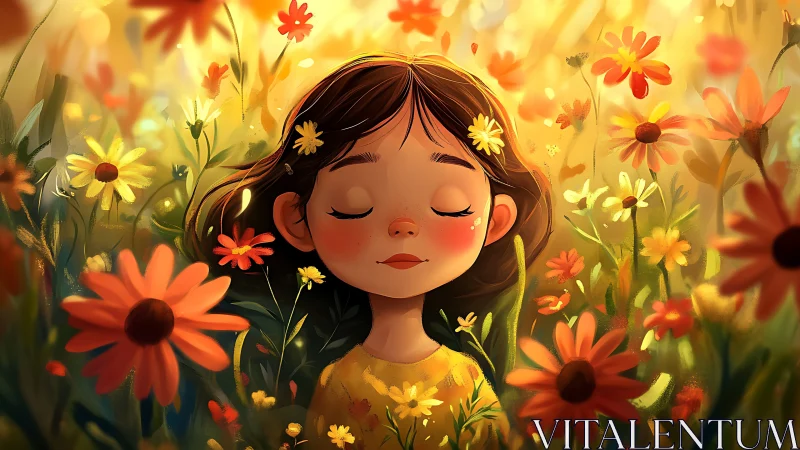 Peaceful girl resting in a glowing field of wildflowers.