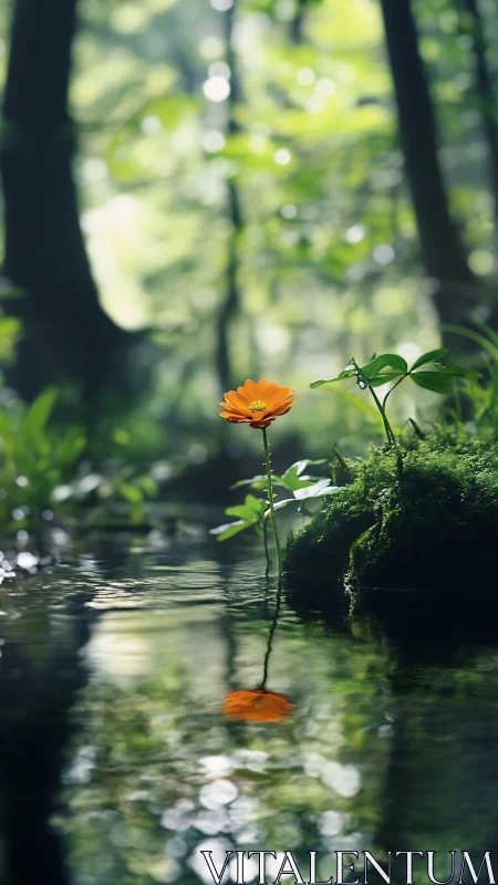 Orange wildflower rises from forest stream with soft reflection