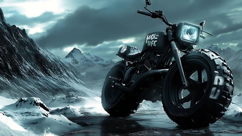 Custom off road motorcycle on icy mountain road at dusk