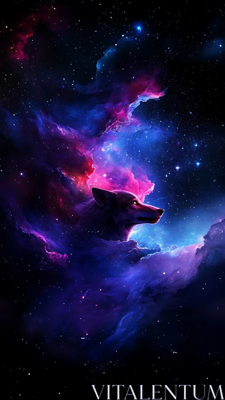 Cosmic wolf silhouette emerges within radiant nebula clouds.