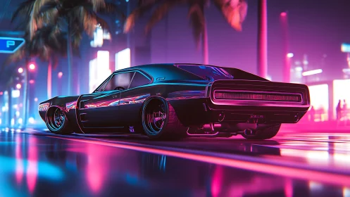 Cyberpunk muscle car render in neon-lit boulevard perspective.