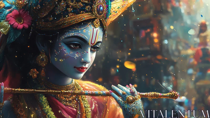 Intricate blue-skinned deity portrait with jeweled flute and glowing bokeh
