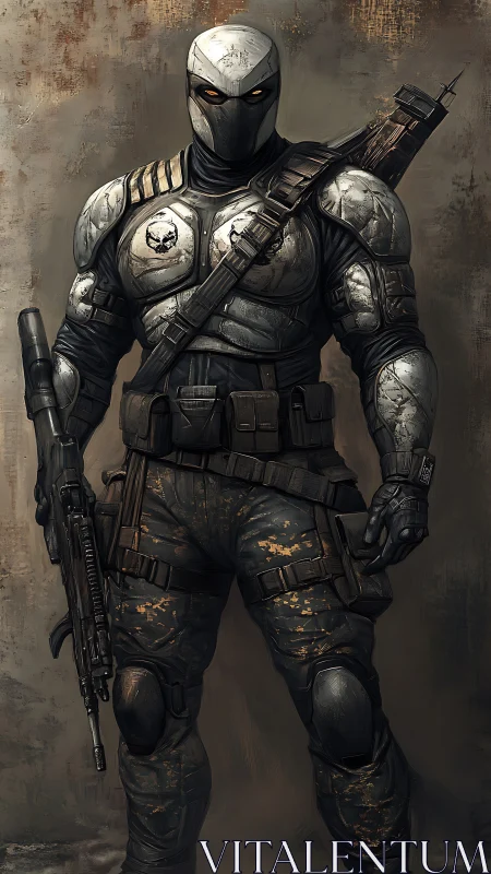 Steely masked warrior standing ready in weathered armor.