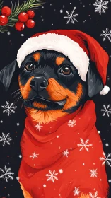 Festive rottweiler portrait in Santa hat and scarf illustration.