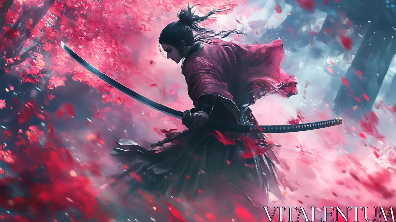 Samurai swordsman in dynamic sakura leaf vortex composition.