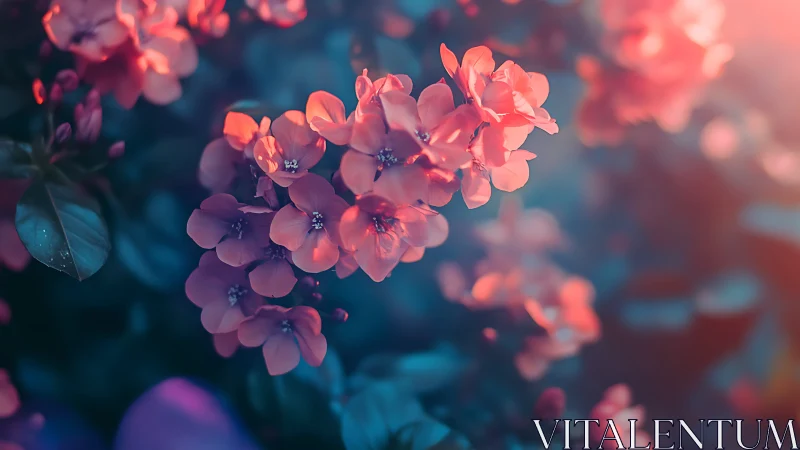 Pink flowers illuminated by warm golden light. Dreamy bokeh