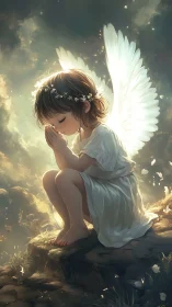 Kneeling child angel in prayer on glowing rocky cliff.