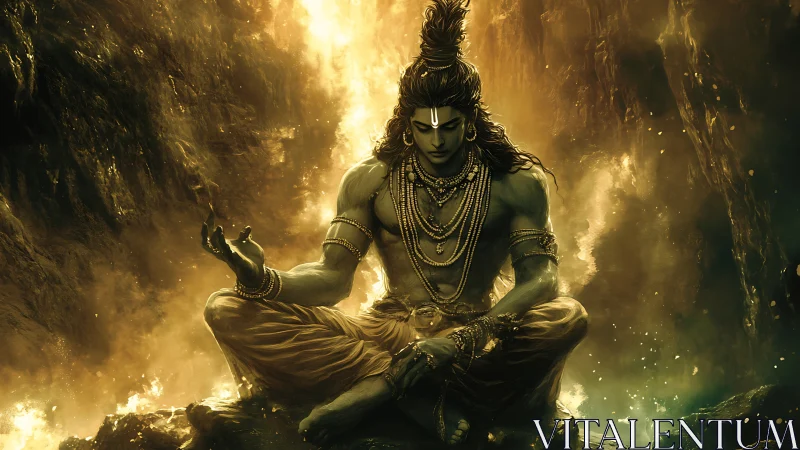 Divine ascetic figure in luminous cavern, meditative posture