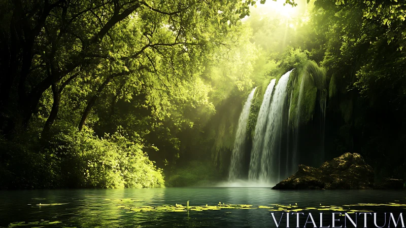 Backlit forest waterfall with volumetric light and calm reflective pool