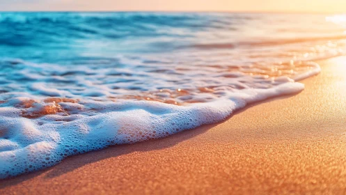 Foamy shoreline wave advances across wet sand at sunset