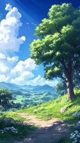 Sunlit hillside path overlooking distant green valleys.