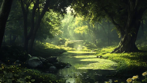 Forest stream corridor with deciduous canopy and diffuse sunlight.