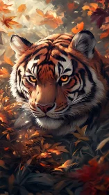 Autumn-lit tiger portrait in dense foliage with warm bokeh glow