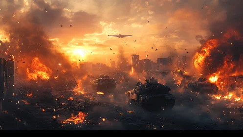 Armored columns advance through incendiary urban battlefield at dusk
