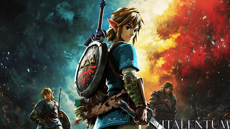 Triptych of cel-shaded fantasy warriors amid bifurcated sky.