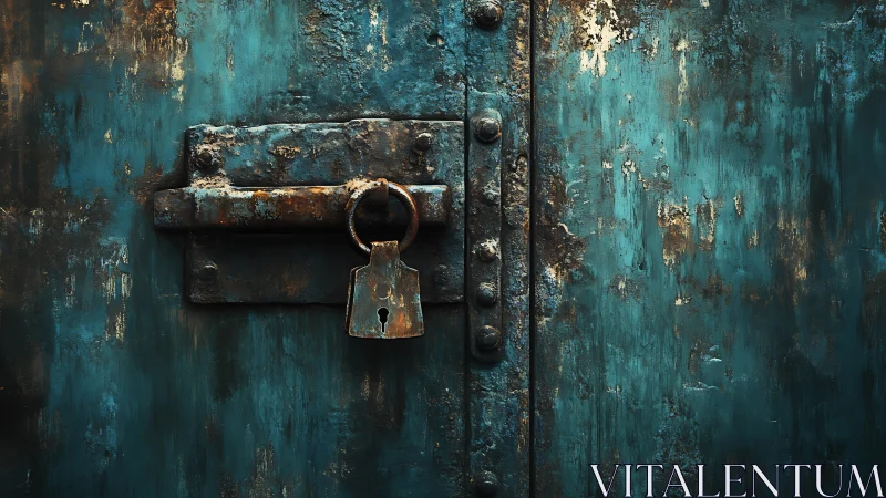Corroded teal metal door with central padlock and heavy latch